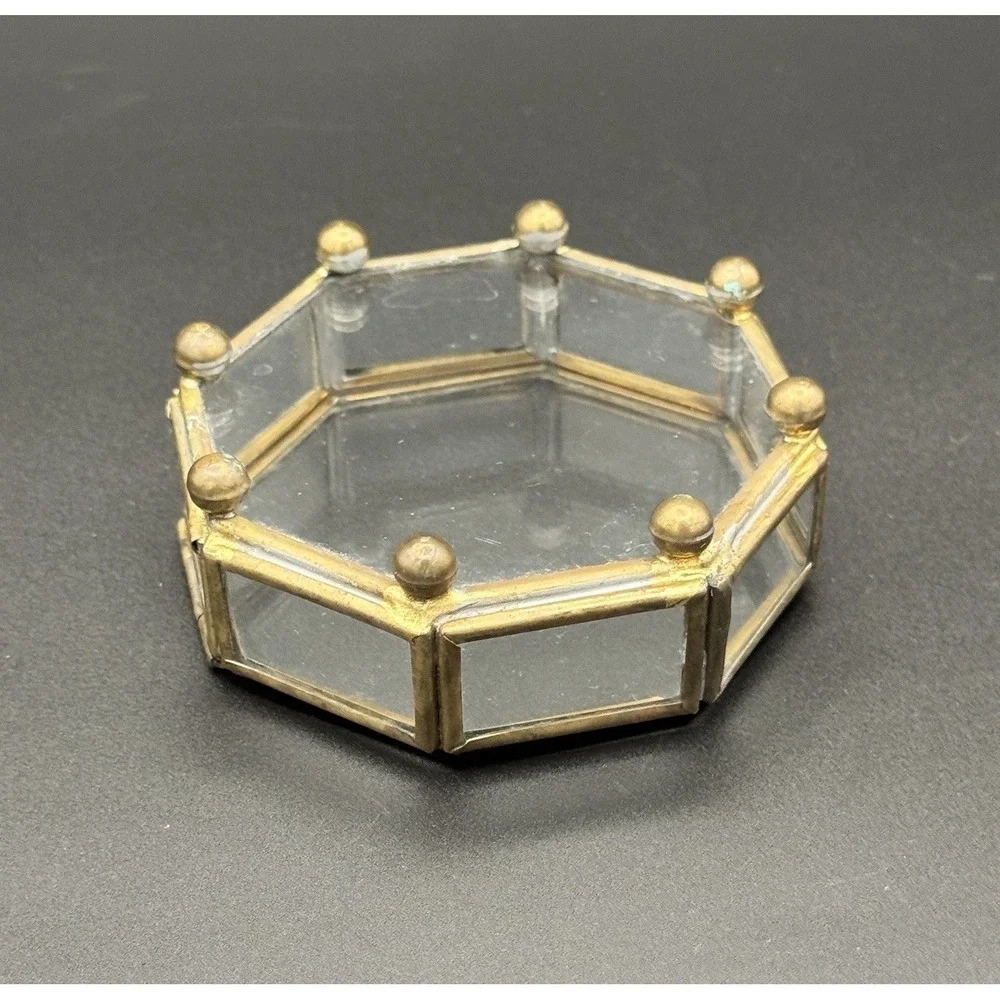 Vintage Brass & Glass Octagon Trinket Box Casket Jewelry Box Hinged Lid 3.5